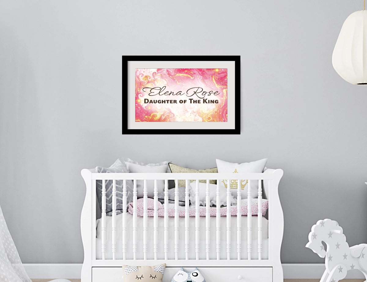 Personalized nursery room wall art printed with a white border, framed and displayed on a wall above a crib.