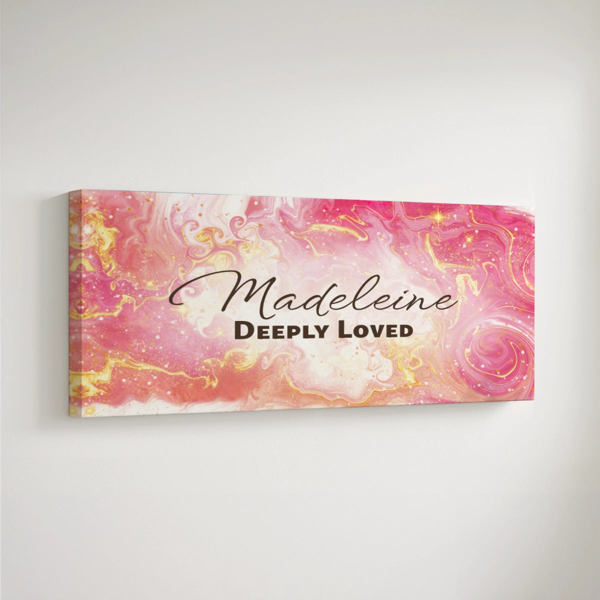 Personalized nursery room art printed on a stretched canvas and displayed on a white wall.