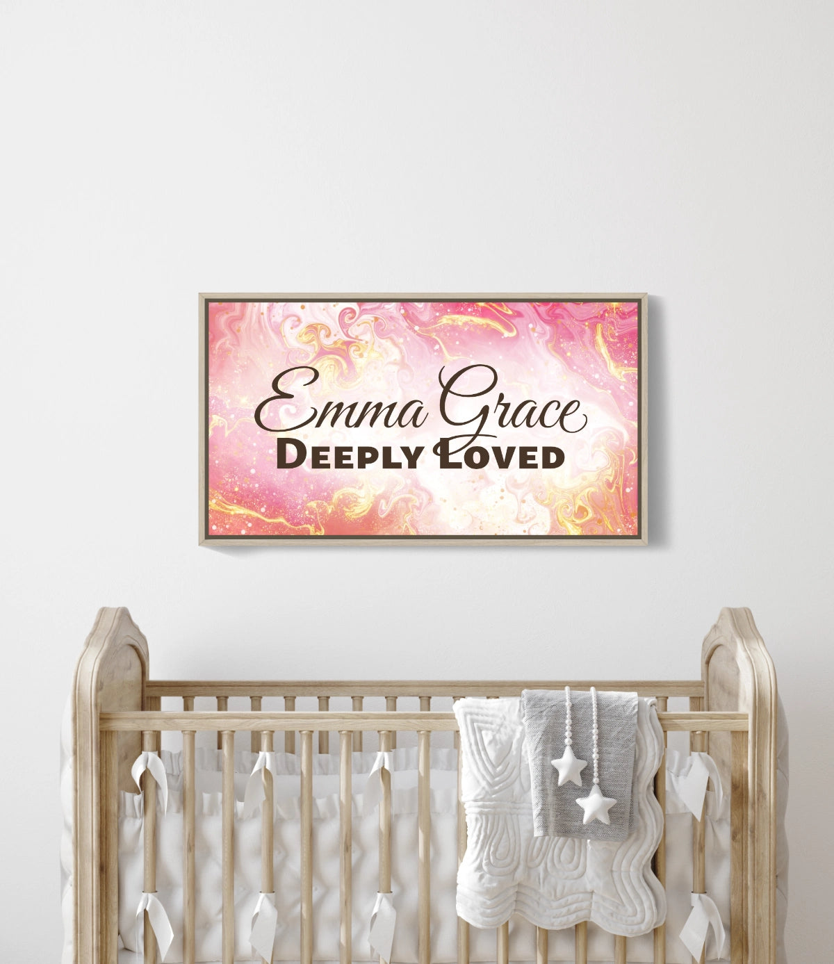 Personalized nursery room wall art printed on a framed, stretched canvas and displayed on a white wall.