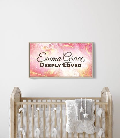Personalized nursery room wall art printed on a framed, stretched canvas and displayed on a white wall.