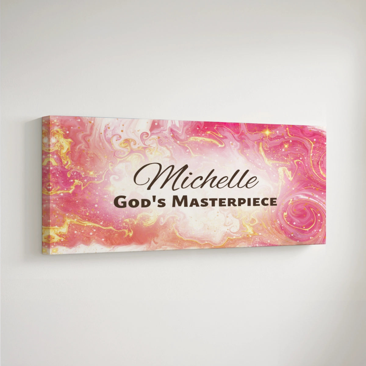 Personalized nursery room art printed on a stretched canvas and displayed on a white wall.