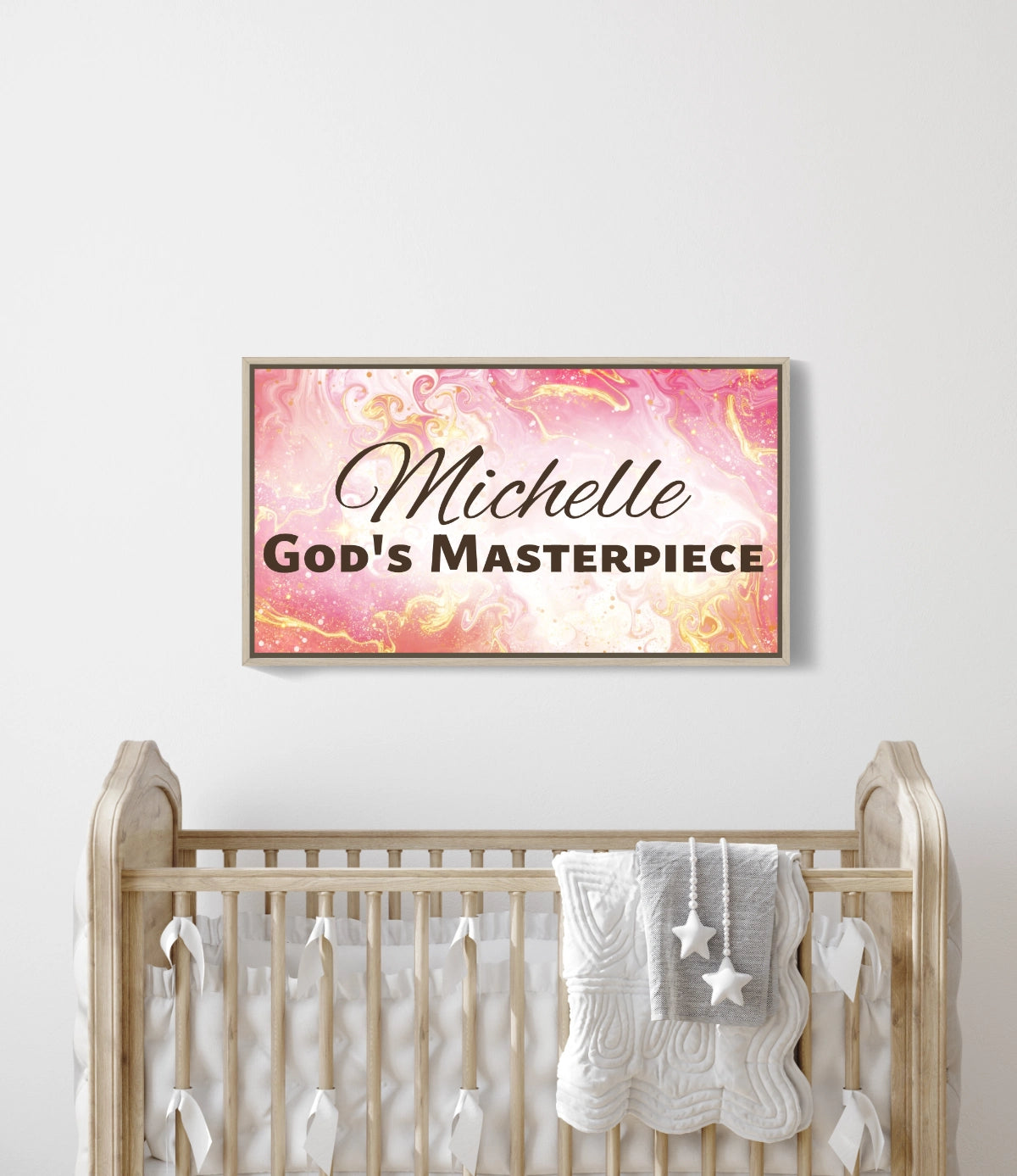 Personalized nursery room wall art printed on a framed, stretched canvas and displayed on a white wall.