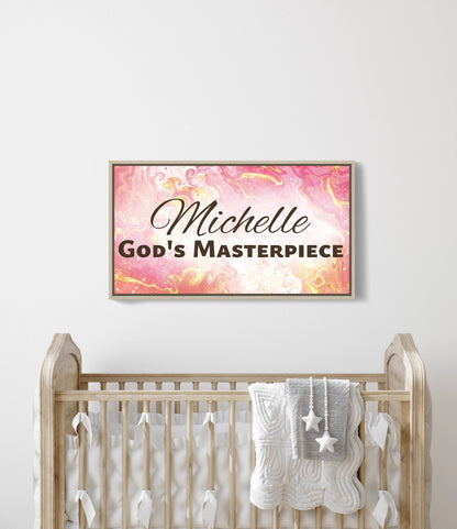 Personalized nursery room wall art printed on a framed, stretched canvas and displayed on a white wall.