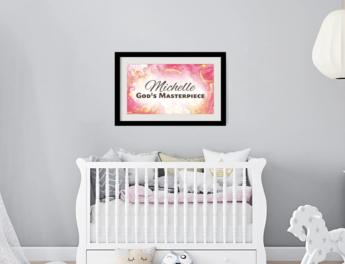 Personalized nursery room wall art printed with a white border, framed and displayed on a wall above a crib.