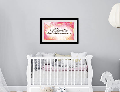 Personalized nursery room wall art printed with a white border, framed and displayed on a wall above a crib.