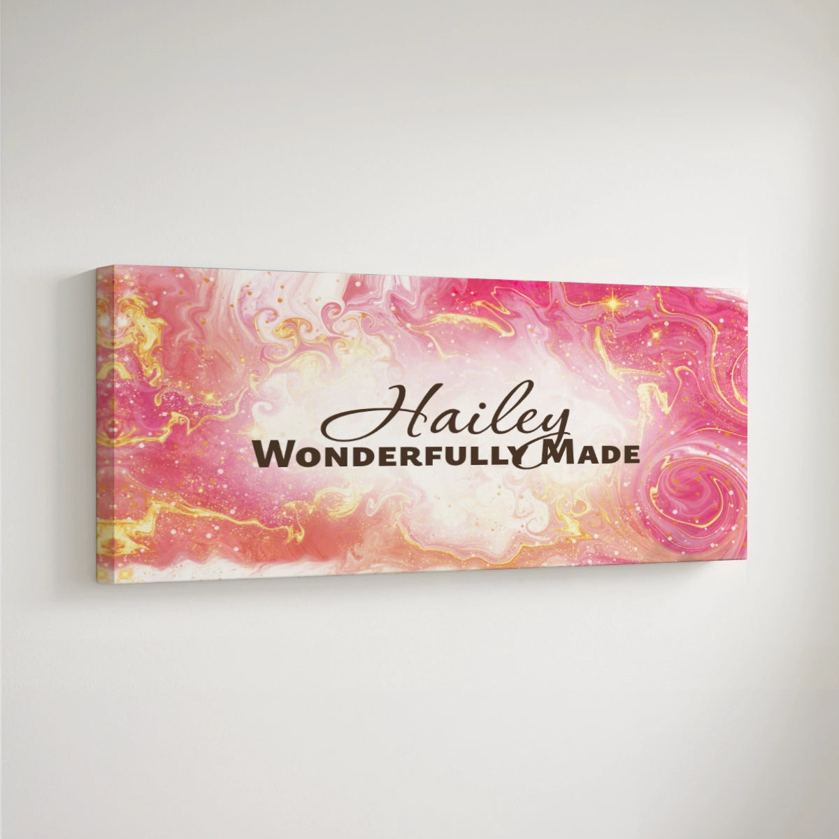 Personalized nursery room art printed on a stretched canvas and displayed on a white wall.