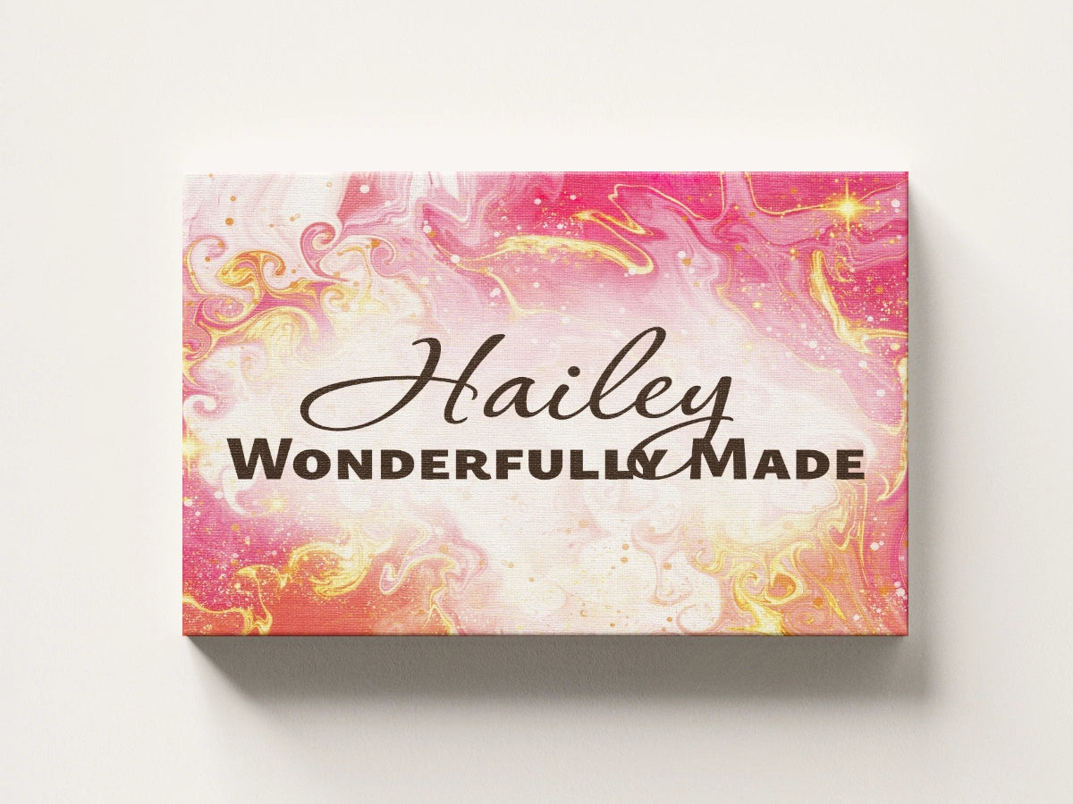 Personalized nursery room wall art printed on a stretched canvas and displayed on a white wall.