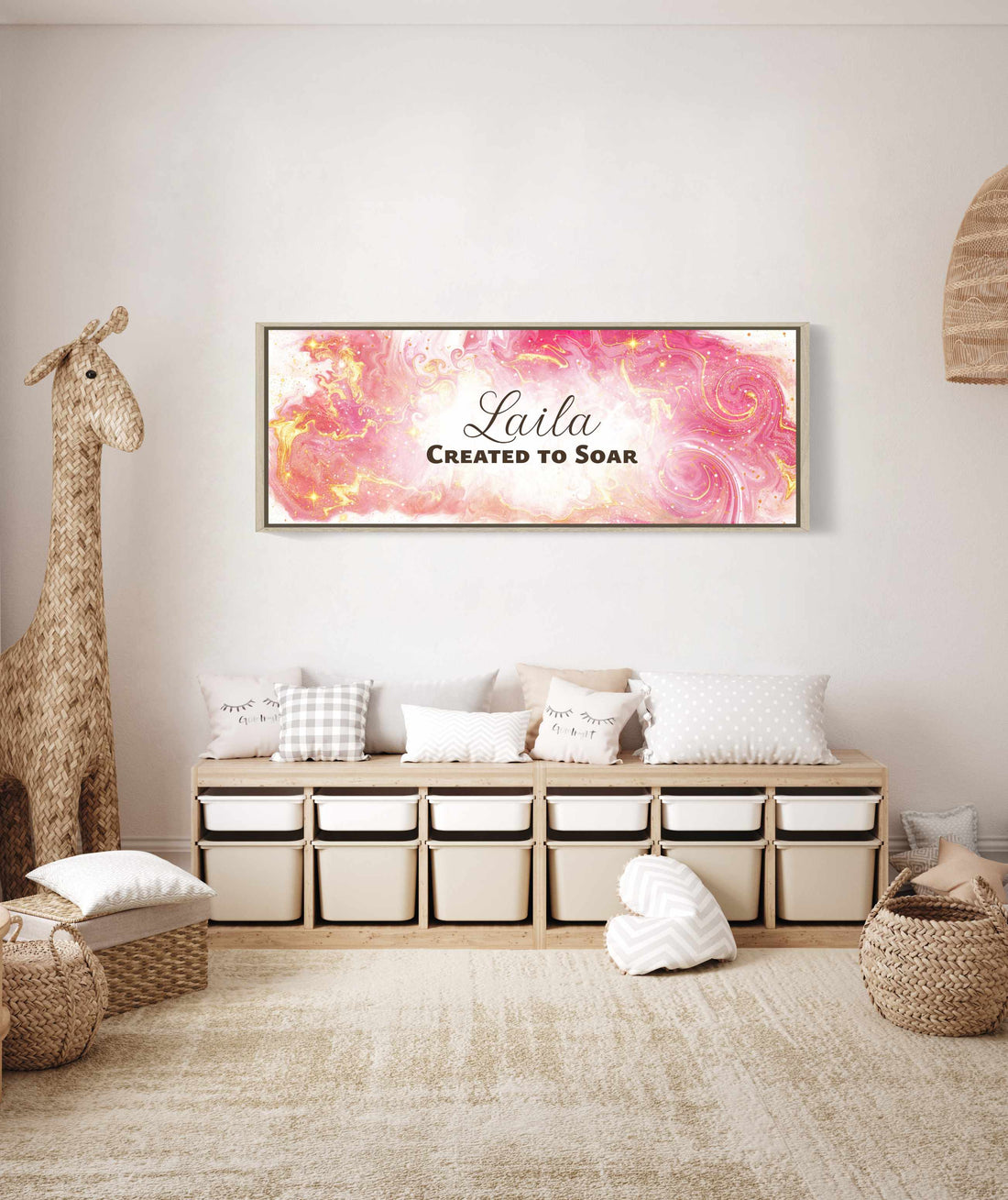 Framed, personalized wall art with ‘Laila Created to Soar’ text in a child&