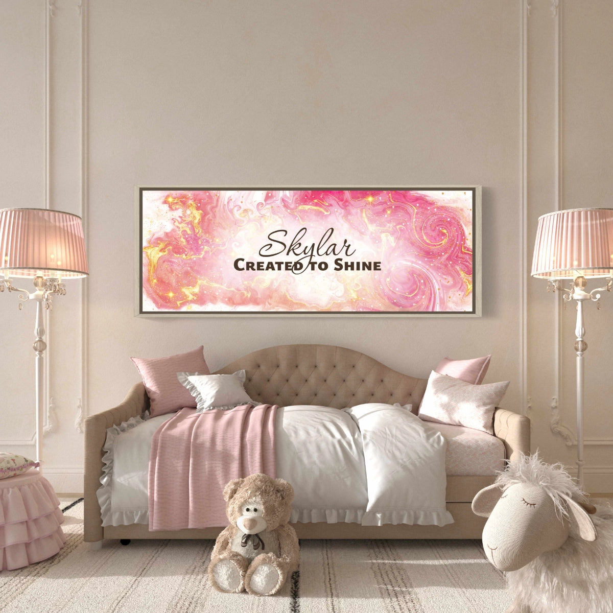 Framed, personalized wall art with ‘Skylar Created to Shine&