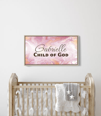 Personalized nursery room wall art printed on a framed, stretched canvas and displayed on a white wall.