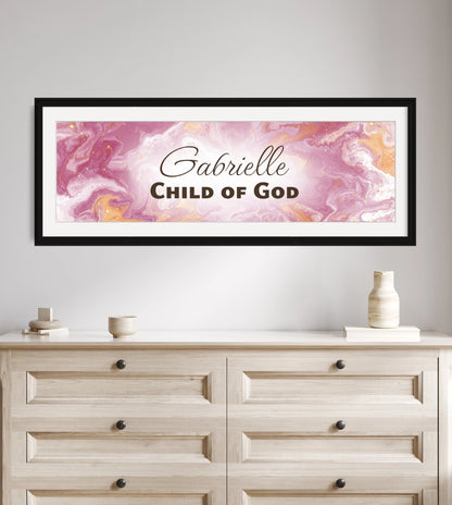 Personalized Christian nursery decor above a wooden dresser.