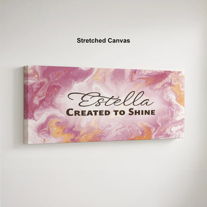 Personalized nursery room art printed on a stretched canvas and displayed on a white wall.
