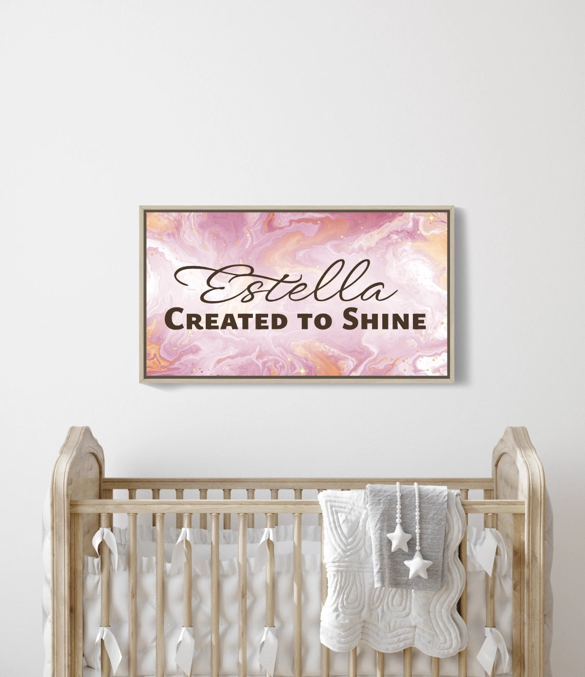 Personalized nursery room wall art printed on a framed, stretched canvas and displayed on a white wall.