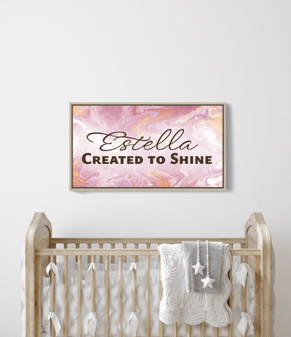 Personalized nursery room wall art printed on a framed, stretched canvas and displayed on a white wall.