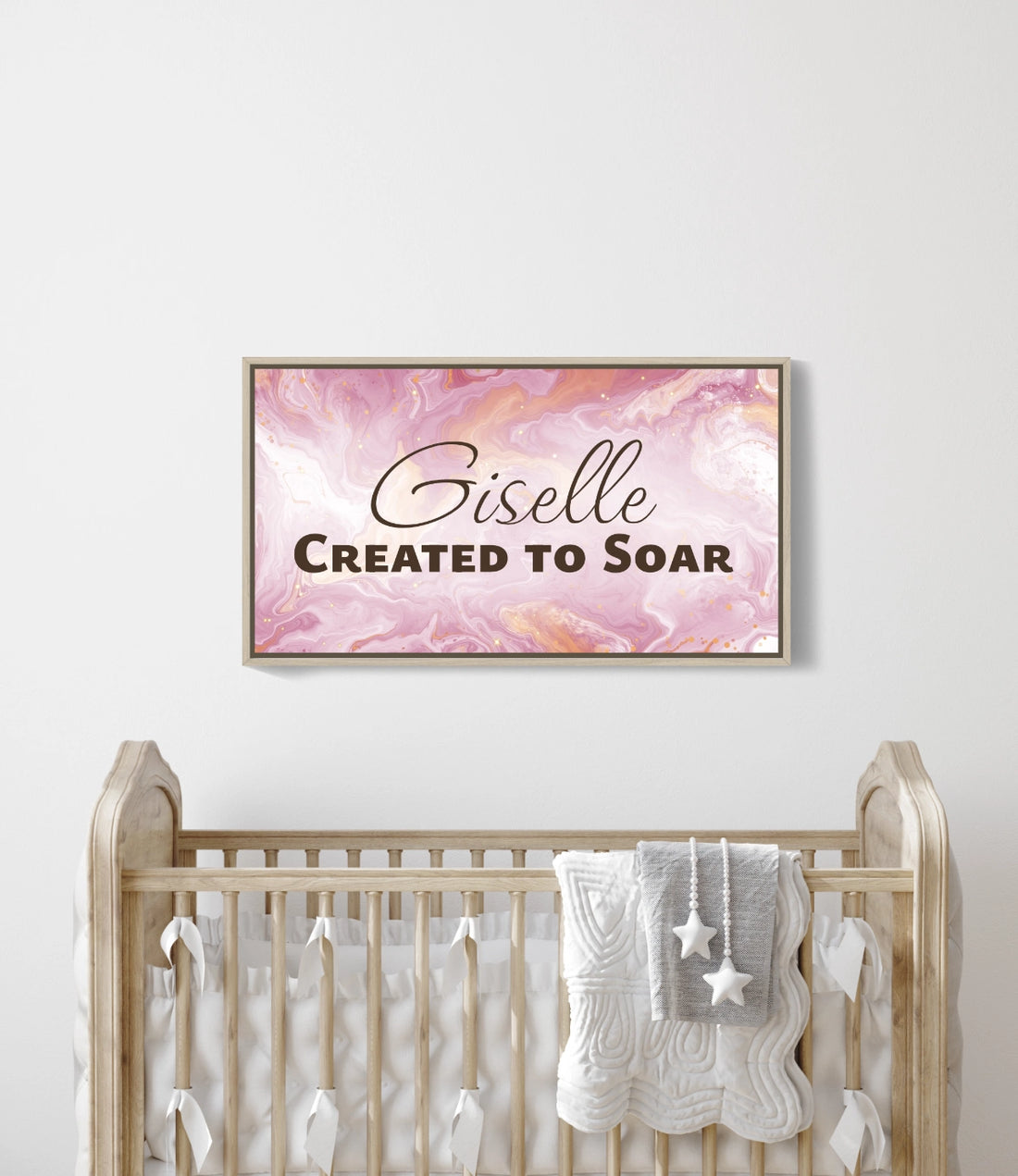 Personalized nursery room wall art printed on a framed, stretched canvas and displayed on a white wall.