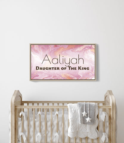Personalized nursery room wall art printed on a framed, stretched canvas and displayed on a white wall.