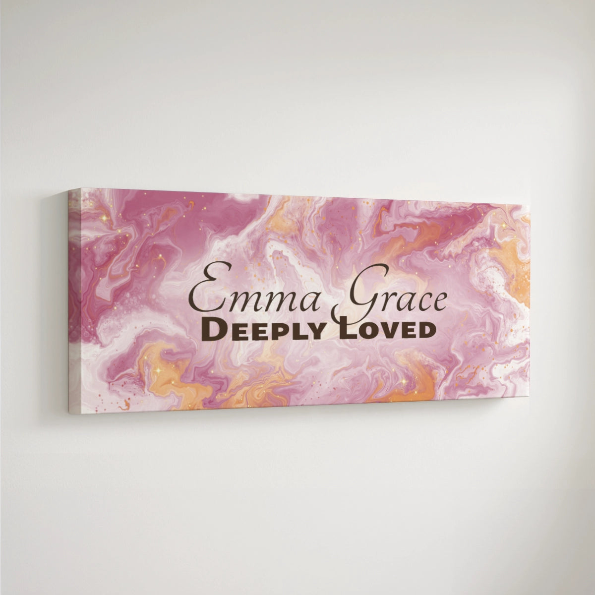 Personalized nursery room art printed on a stretched canvas and displayed on a white wall.