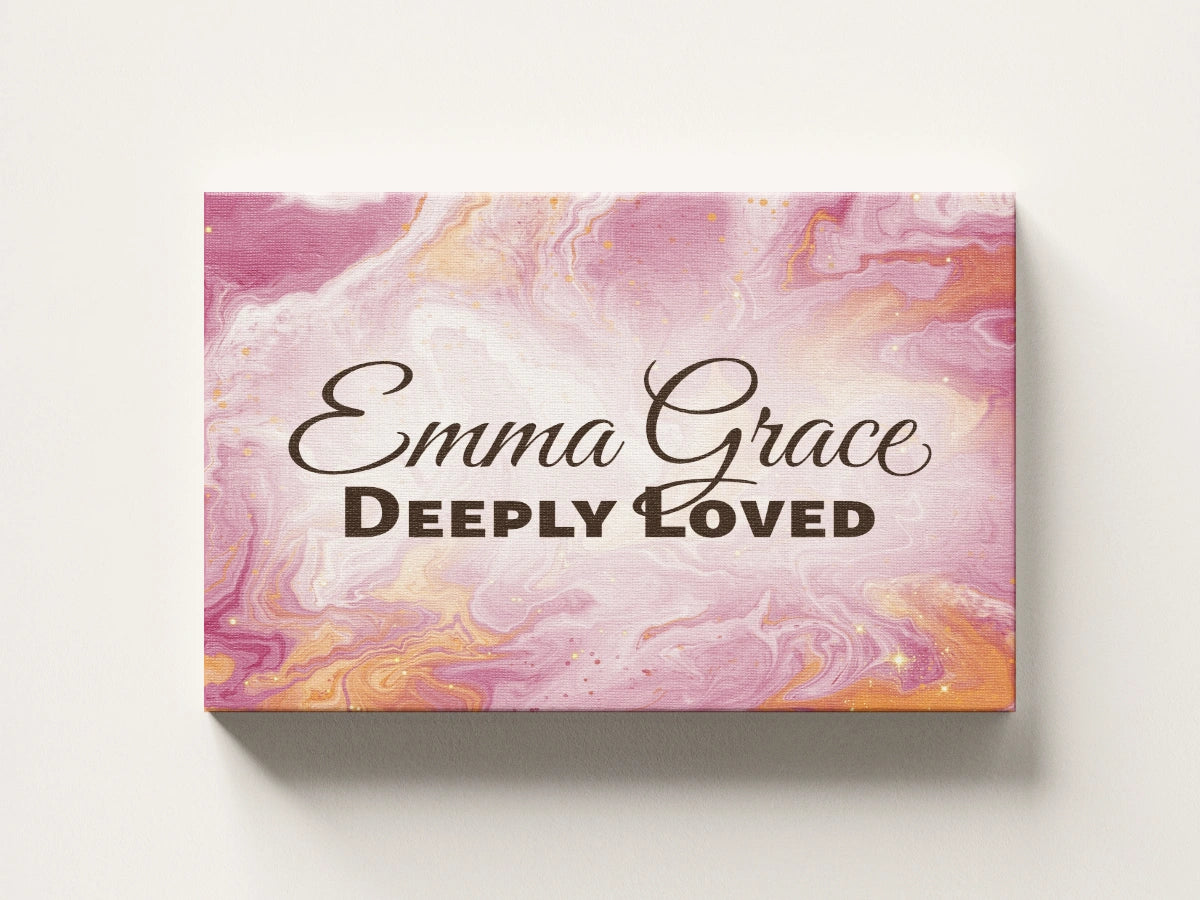 Personalized nursery room wall art printed on a stretched canvas and displayed on a white wall.