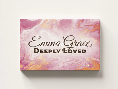 Personalized nursery room wall art printed on a stretched canvas and displayed on a white wall.