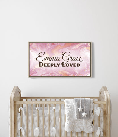 Personalized nursery room wall art printed on a framed, stretched canvas and displayed on a white wall.