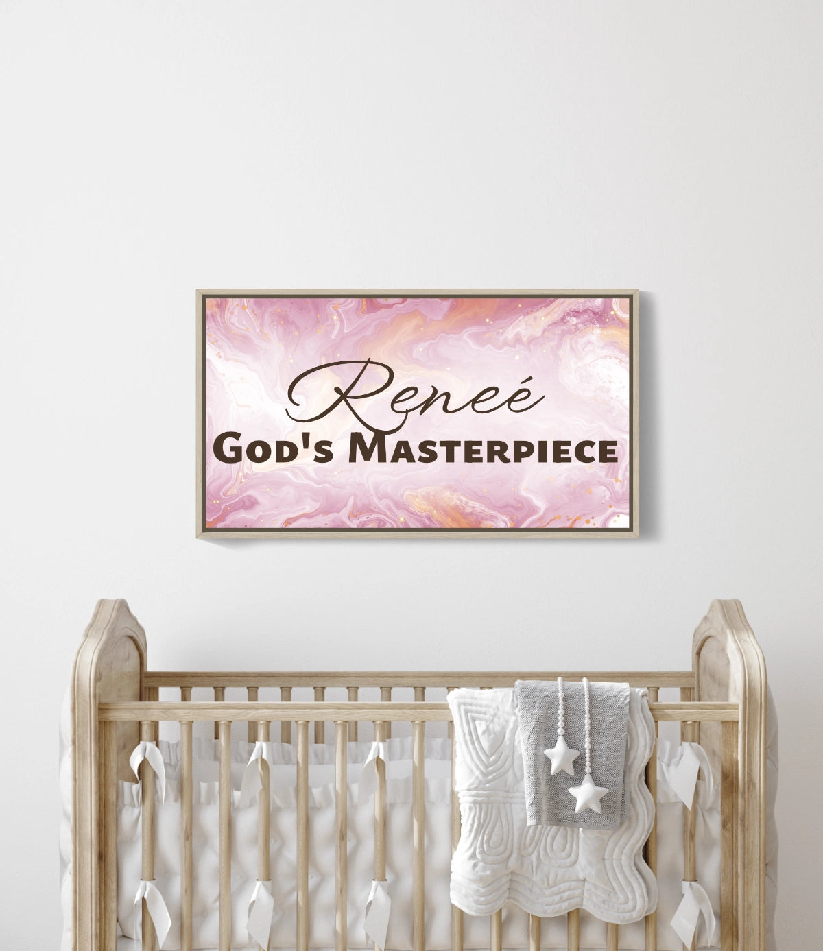 Personalized nursery room wall art printed on a framed, stretched canvas and displayed on a white wall.