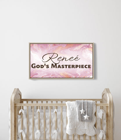 Personalized nursery room wall art printed on a framed, stretched canvas and displayed on a white wall.