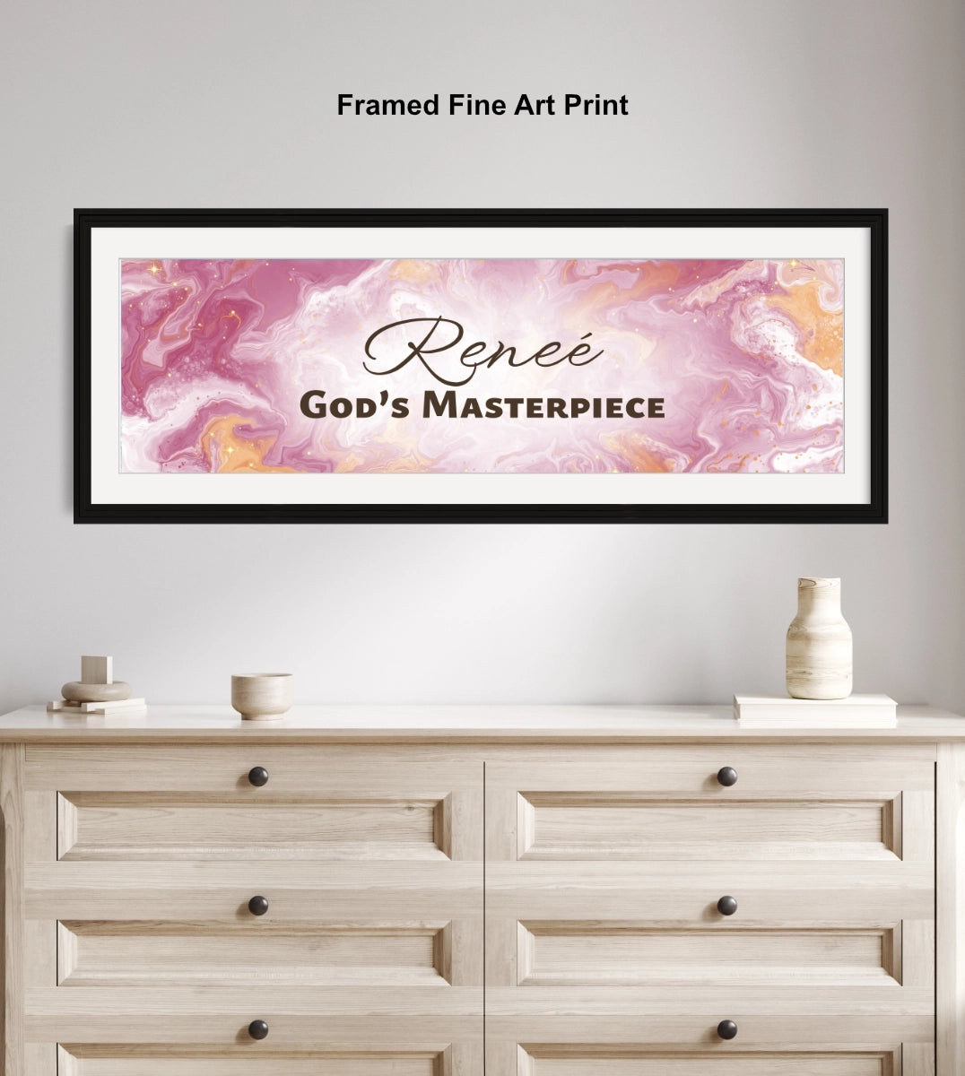 Personalized nursery room wall art above a wooden dresser.