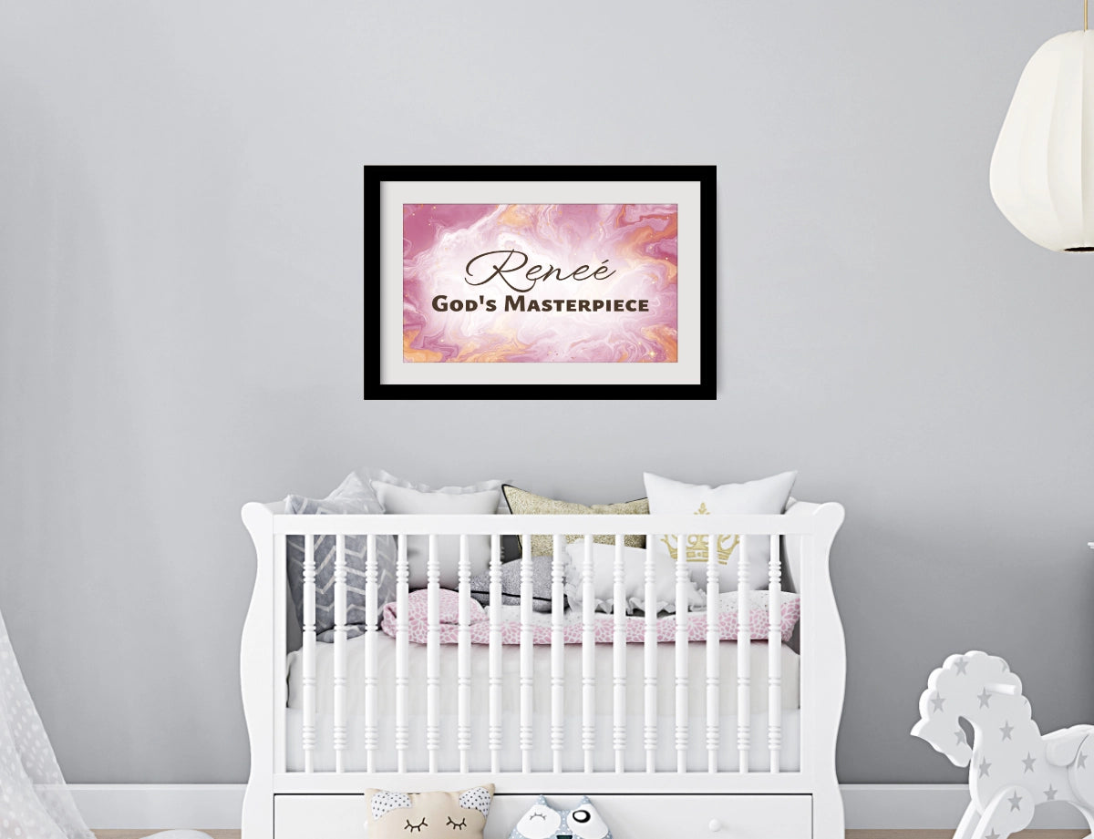 Personalized nursery room wall art printed with a white border, framed and displayed on a wall above a crib.