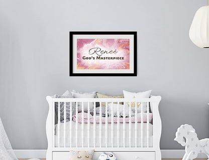 Personalized nursery room wall art printed with a white border, framed and displayed on a wall above a crib.