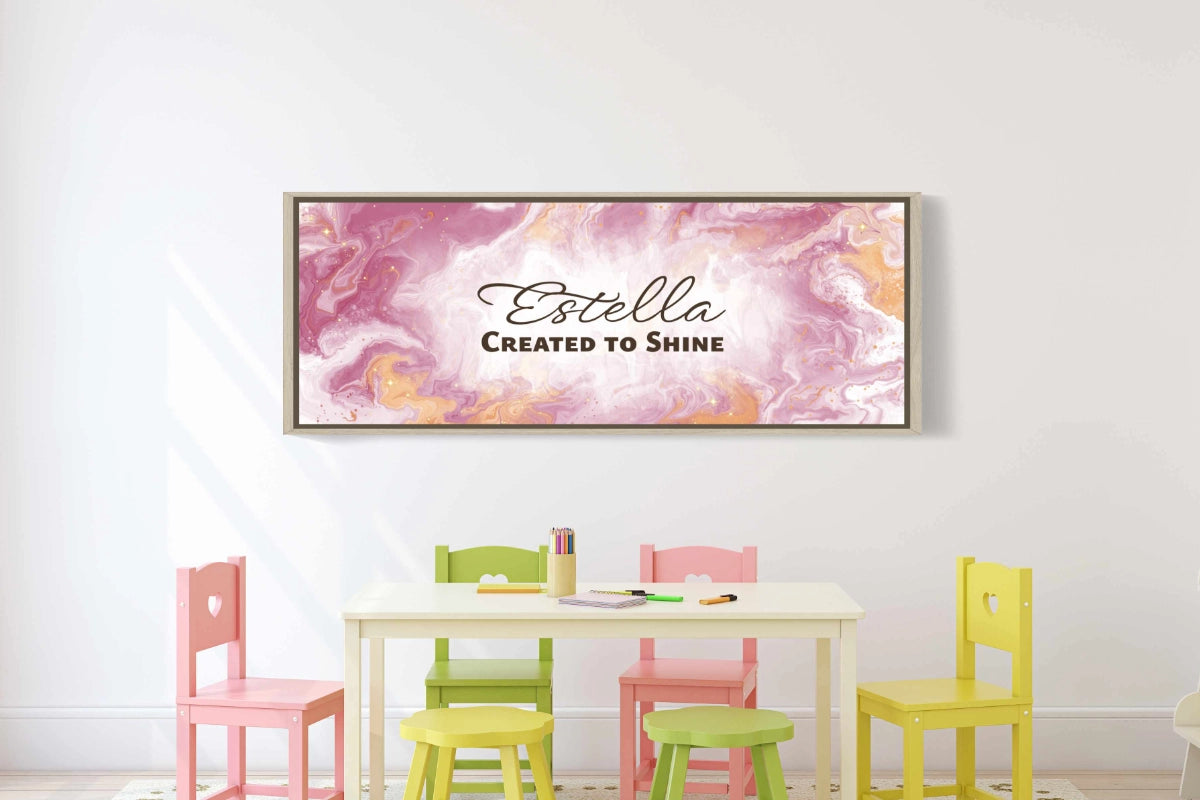Framed, personalized wall art with ‘Estella Created to Shine&