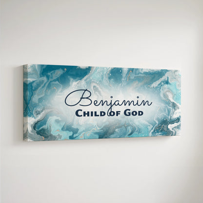 Personalized nursery room art printed on a stretched canvas and displayed on a white wall.