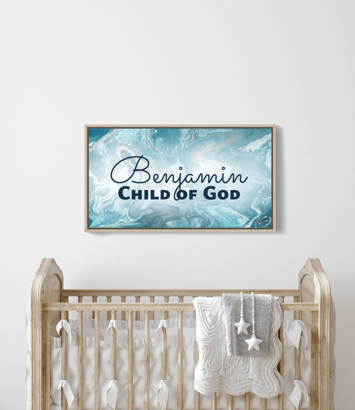 Personalized nursery room wall art printed on a framed, stretched canvas and displayed on a white wall.