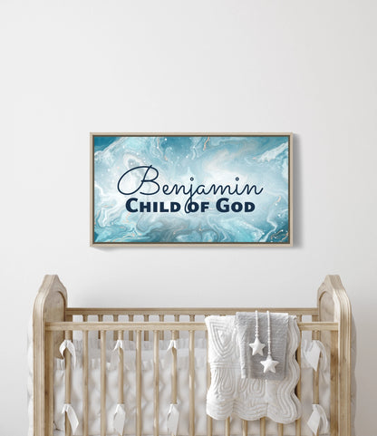 Personalized nursery room wall art printed on a framed, stretched canvas and displayed on a white wall.
