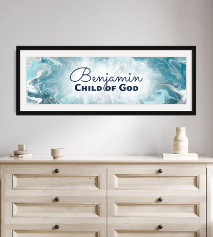 Personalized Christian nursery decor above a wooden dresser.