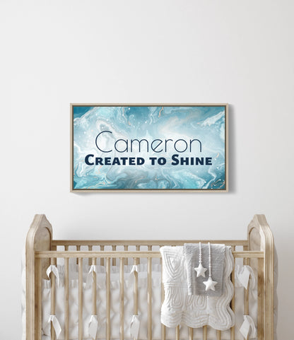 Personalized nursery room wall art printed on a framed, stretched canvas and displayed on a white wall.
