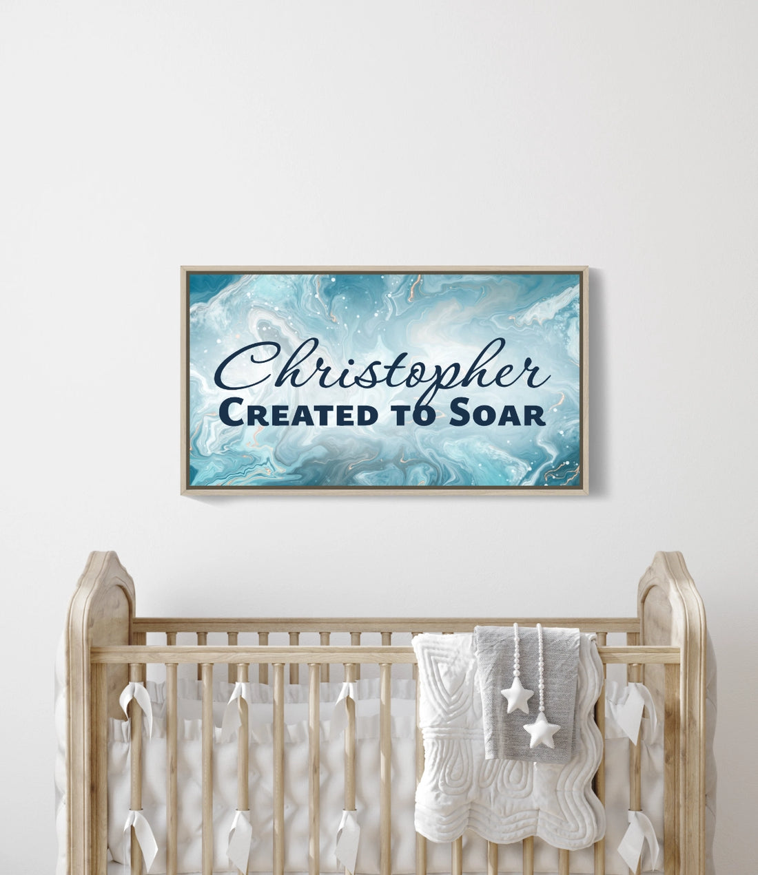 Personalized nursery room wall art printed on a framed, stretched canvas and displayed on a white wall.
