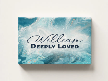 Personalized nursery room wall art printed on a stretched canvas and displayed on a white wall.