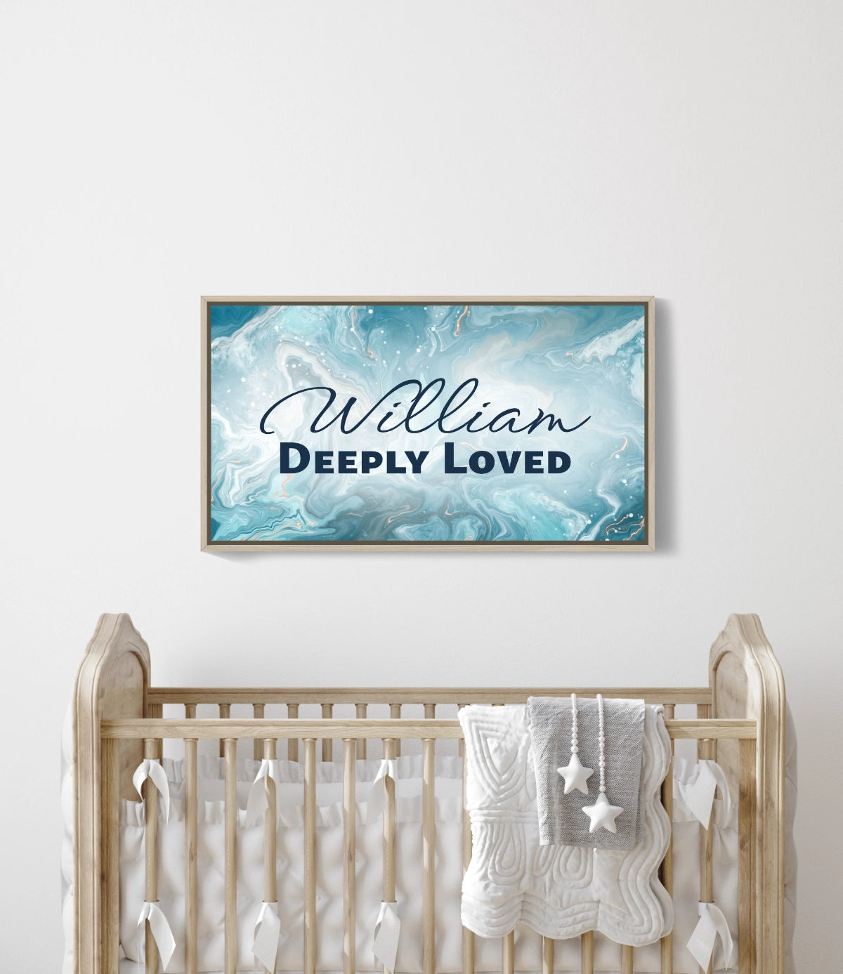 Personalized nursery room wall art printed on a framed, stretched canvas and displayed on a white wall.