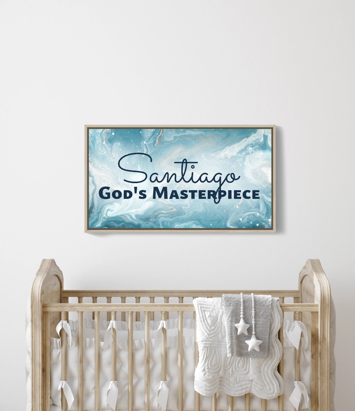 Personalized nursery room wall art printed on a framed, stretched canvas and displayed on a white wall.