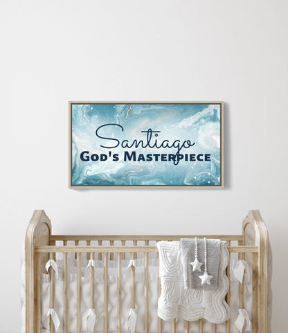 Personalized nursery room wall art printed on a framed, stretched canvas and displayed on a white wall.