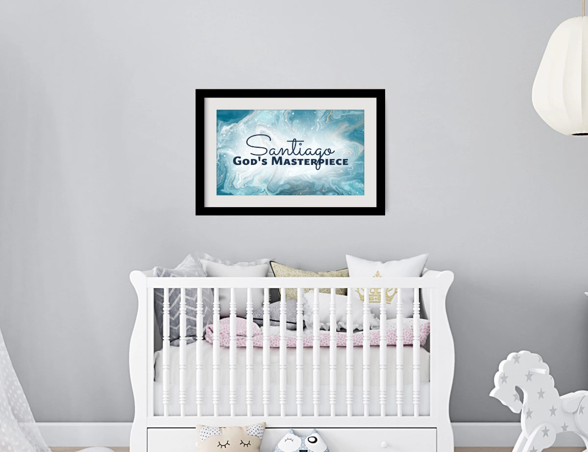 Personalized nursery room wall art printed with a white border, framed and displayed on a wall above a crib.
