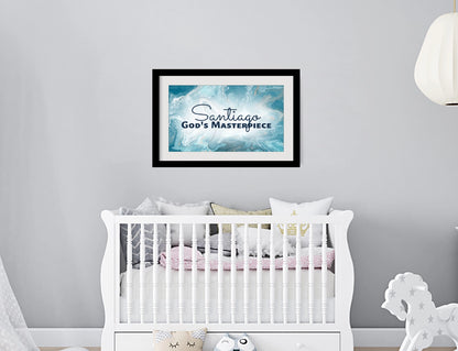 Personalized nursery room wall art printed with a white border, framed and displayed on a wall above a crib.