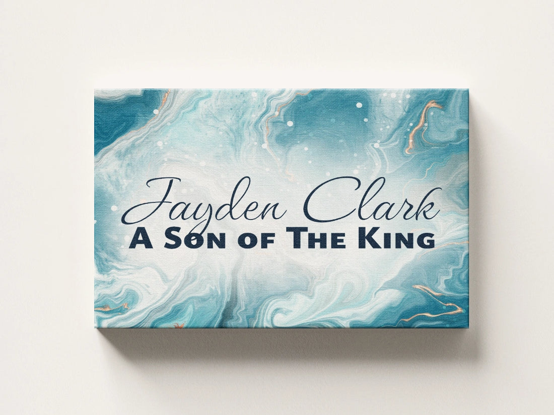 Personalized nursery room wall art printed on a stretched canvas and displayed on a white wall.