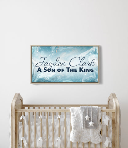 Personalized nursery room wall art printed on a framed, stretched canvas and displayed on a white wall.