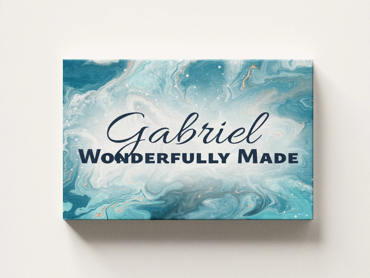 Personalized nursery room wall art printed on a stretched canvas and displayed on a white wall.