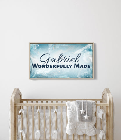 Personalized nursery room wall art printed on a framed, stretched canvas and displayed on a white wall.