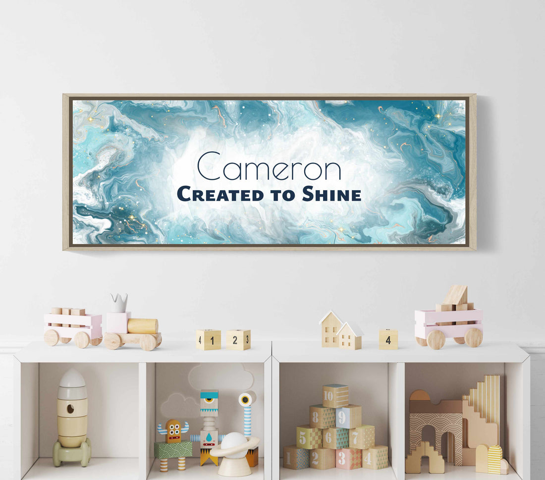 Framed, personalized wall art with ‘Cameron Created to Shine&