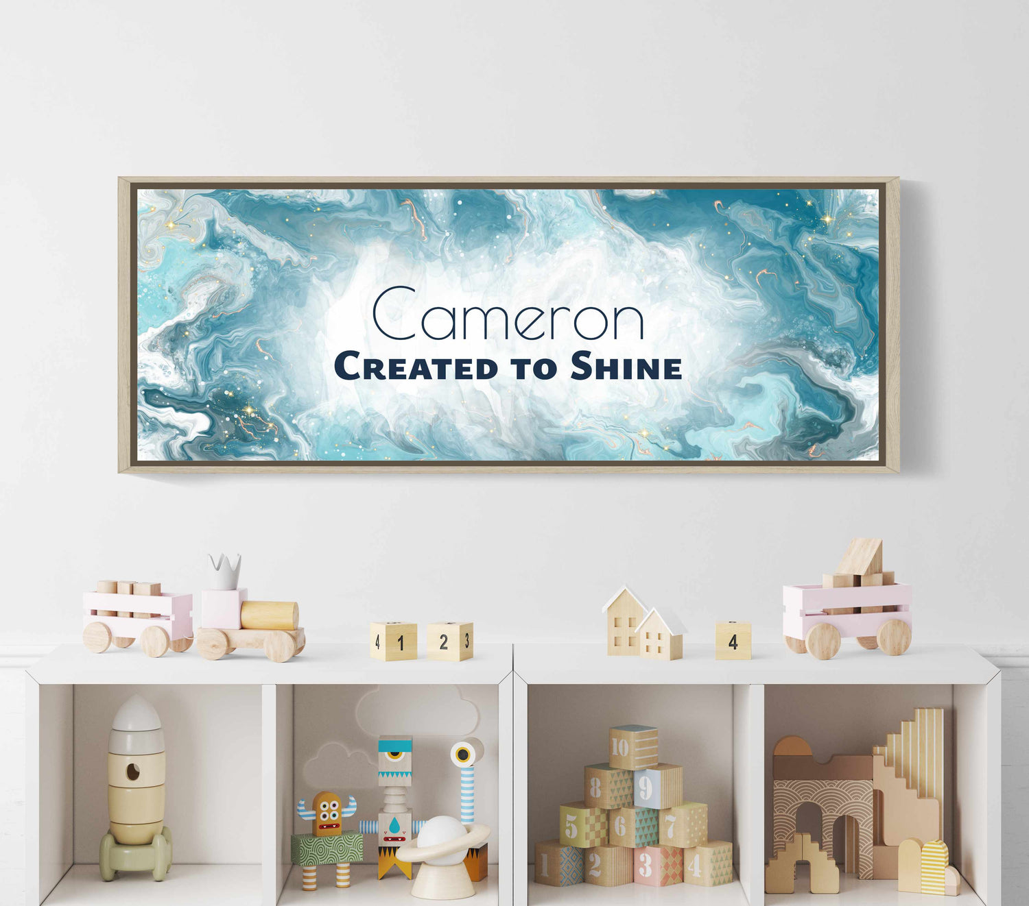 Framed, personalized wall art with ‘Cameron Created to Shine&