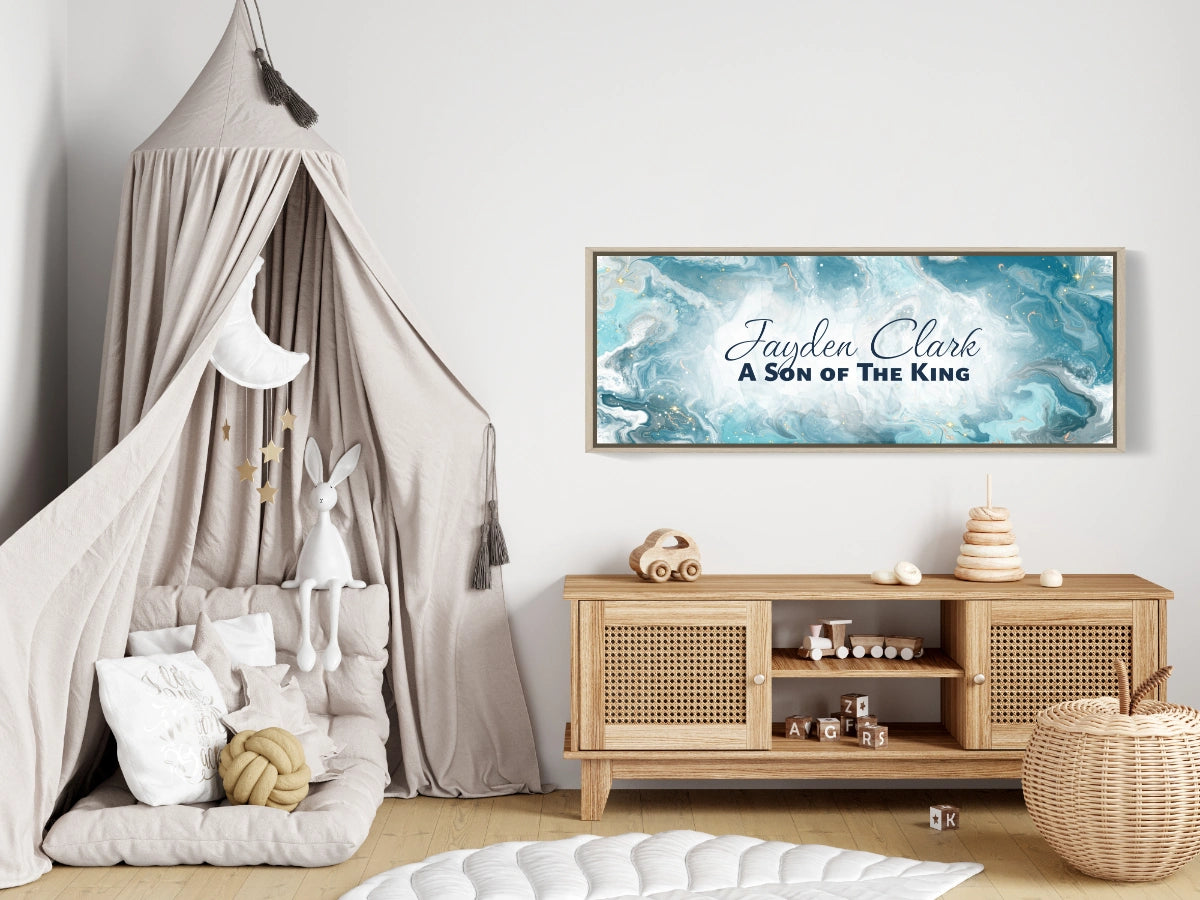 Framed, personalized wall art with ‘Jayden Clark A Son of the King&