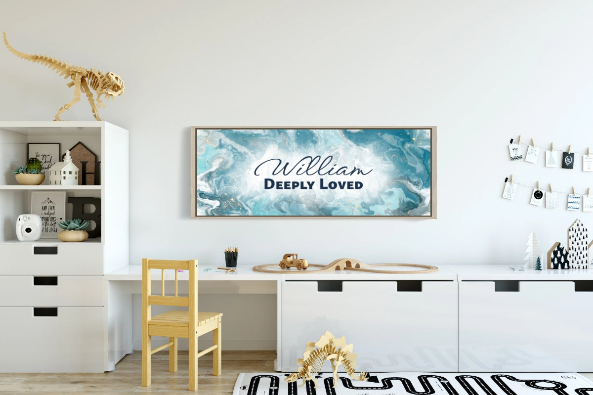 Framed, personalized wall art with ‘William Deeply Loved&